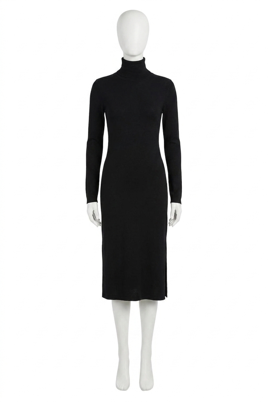 NEW RALPH LAUREN chain-trim rib knit turtleneck dress in black